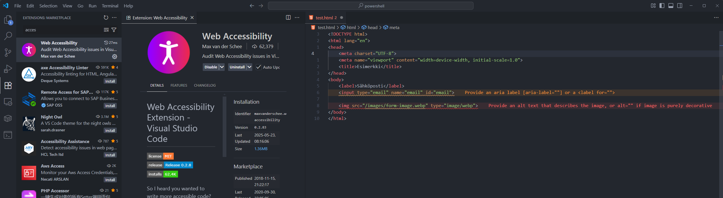 Web Accessibility toiminnassa Visual Studio Code editorissa.